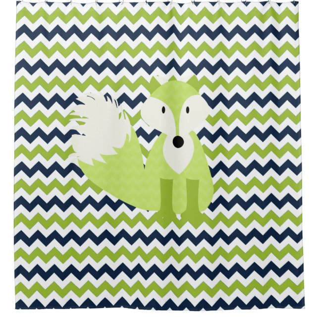 Green Fox on Navy, Green, White Chevron Stripes Shower Curtain (Front)