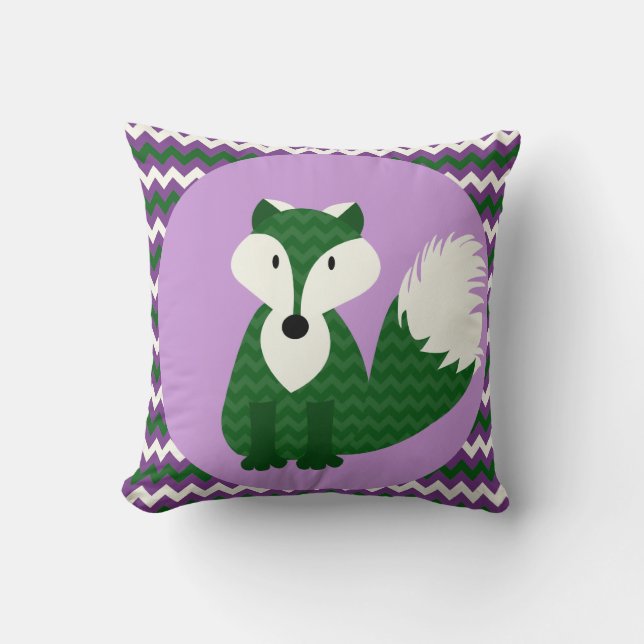 Green Fox on Purple Throw Pillow (Front)
