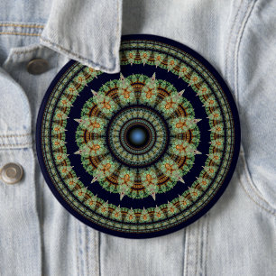 Green fractal fairy mandala 6 cm round badge