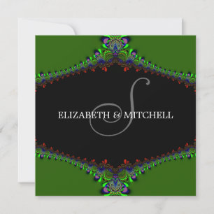 Green Fractal Lace Monogram Wedding Invitation