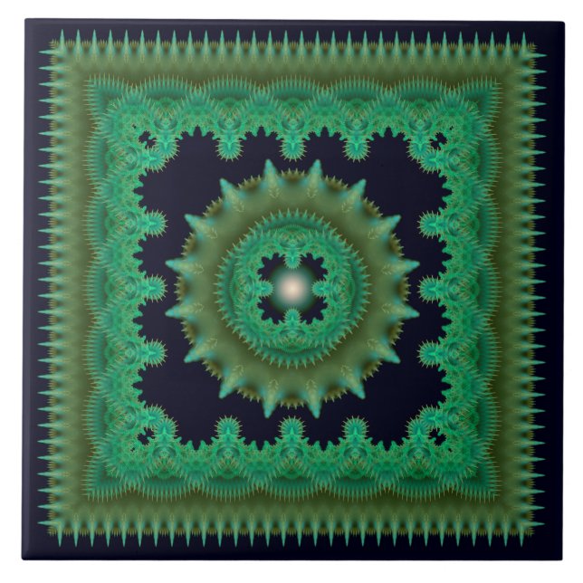 Green fractal ornate pattern ceramic tile (Front)