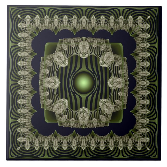 Green fractal ornate pattern ceramic tile (Front)