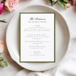 Green Frame Calligraphy Name Custom Wedding Dinner Menu<br><div class="desc">Complete your wedding tablescape with the Elegant Family Name Dark Olive Green Frame Wedding Dinner Menu. This sophisticated design features your family name in graceful calligraphy script, beautifully framed by a green border that blends timeless elegance with a modern touch. The minimalist layout and refined typography create a polished look...</div>