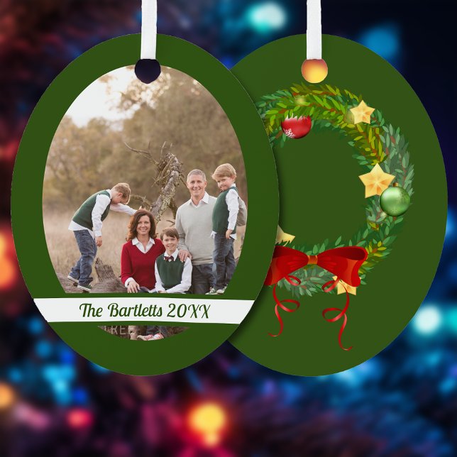 Green Frame Family Photo Metal Tree Decoration (Your photo and text on the front, a wreath on the back.)