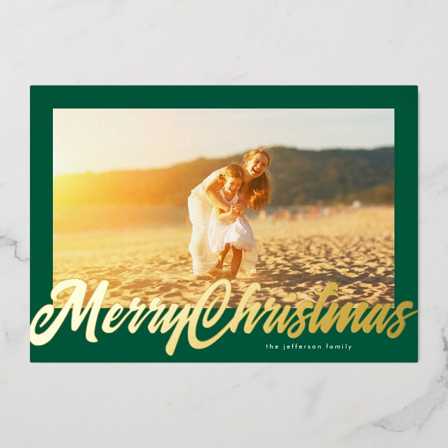 Green Frame & Gold Merry Christmas Photo Foil Holiday Card (Front)