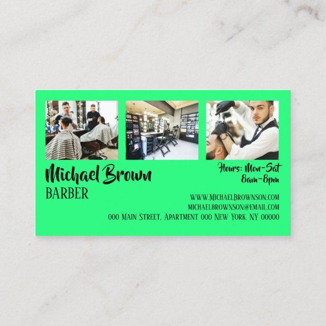 green framed custom photo barber business card (Back)