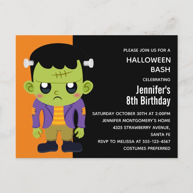 Green Frankenstein Monster Halloween Birthday Invitation Postcard (Front)