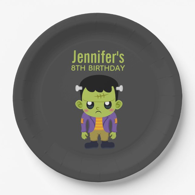 Green Frankenstein Monster Halloween Birthday Pape Paper Plate (Front)
