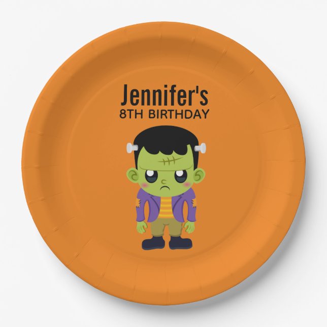 Green Frankenstein Monster Halloween Birthday Paper Plate (Front)