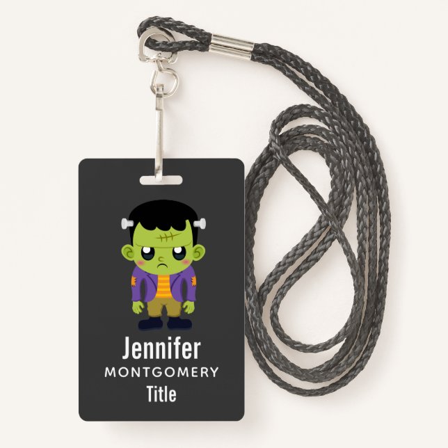 Green Frankenstein Monster Halloween ID Badge (Front with Lanyard)