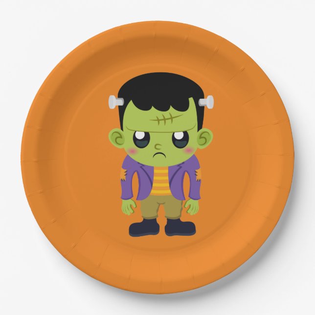 Green Frankenstein Monster Halloween Paper Plate (Front)
