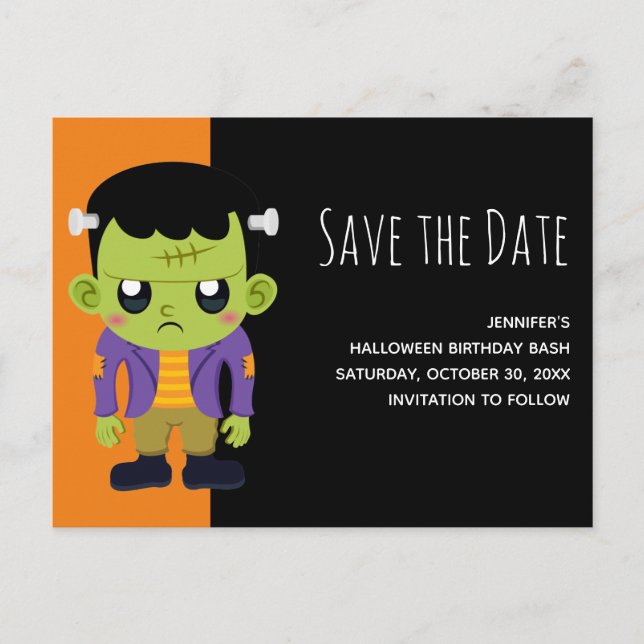 Green Frankenstein Monster Halloween Save the Date Invitation Postcard (Front)