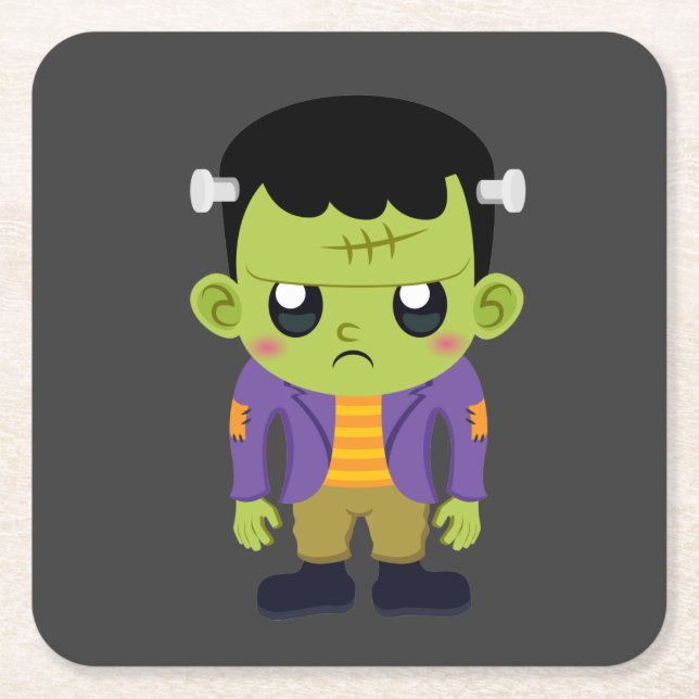 Green Frankenstein Monster Halloween Square Paper Coaster (Front)