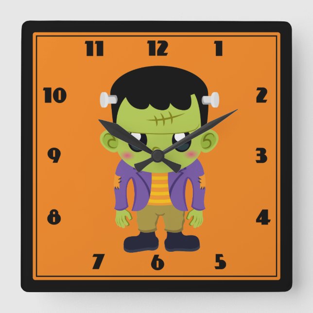 Green Frankenstein Monster Halloween Square Wall C Clock (Front)