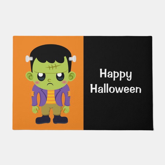 Green Frankenstein Monster Happy Halloween Doormat (Front)