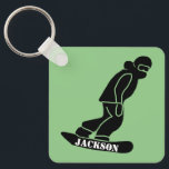 Green Freeride Snowboarder Snowboarding Stencil Key Ring<br><div class="desc">Modern minimalist black and white snowboarder stencil illustration on a keychain</div>