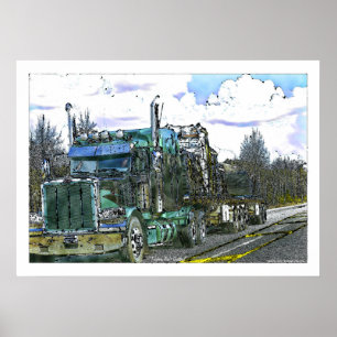 Green Freight Truck Highway Driving Illustration Poster