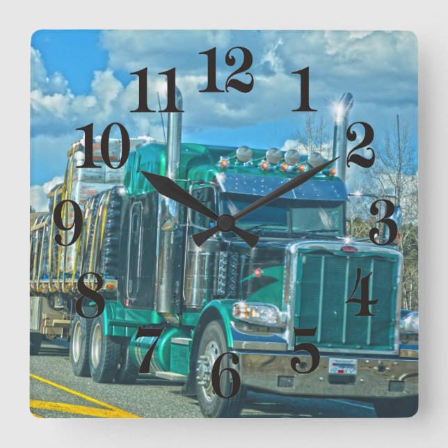 Green Freight Truck - Lorry and Highway Art Square Wall Clock (Front)