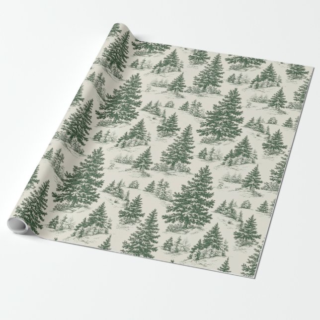Green French Christmas Toile Green Wrapping Paper (Unrolled)