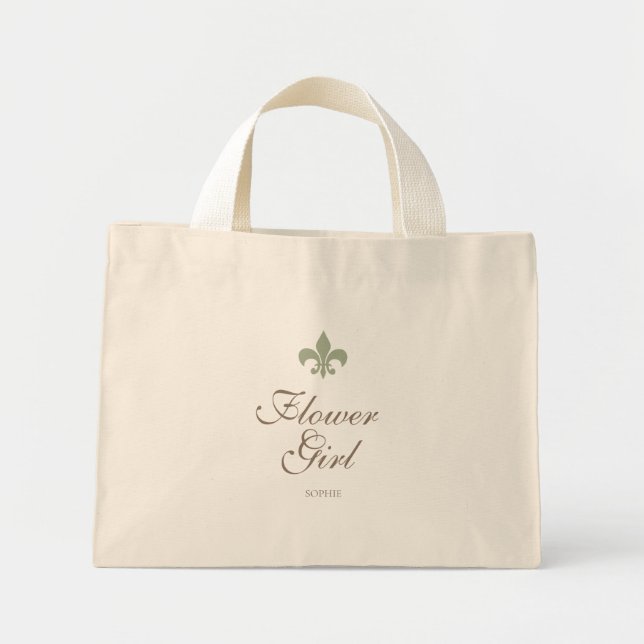 Green French Fleur de Lis Flower Girl Name Mini Tote Bag (Front)