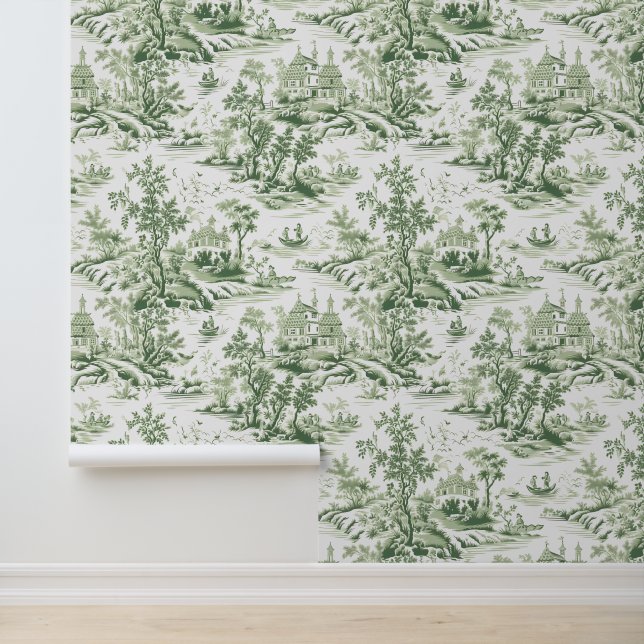 Green French Style Toile De Jouy  Wallpaper (Application)