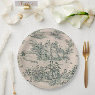 Green French Toile Canvas Paper Plates 
