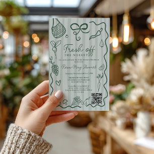 Green Fresh Off the Market Hand Drawn QR Bridal Invitation