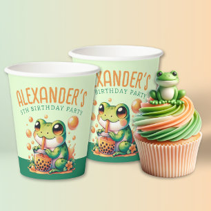 Green Frog and Orange Boba Bubble Tea Party Paper Cups