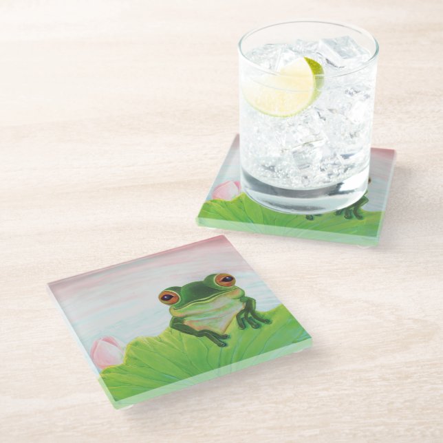 Green Frog behind the lily pad glass coaster (Angled)