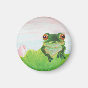 Green Frog behind the lily pad magnet
