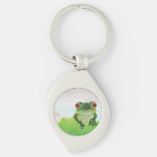 Green Frog behind the lily pad metal keychain
