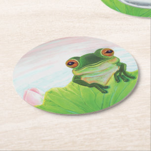 Green Frog behind the lily pad paper coaster