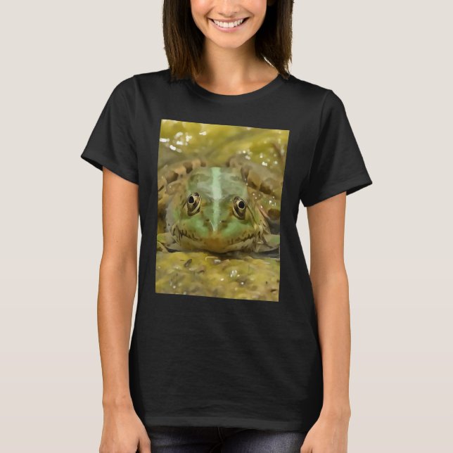 Green Frog Camouflaged Against Weathered River Bed T-Shirt (Front)