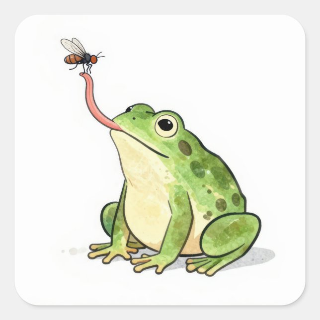 Green Frog Catching a Fly Square Sticker (Front)