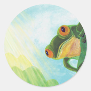 Green Frog catching sunrays   Classic Round Sticker