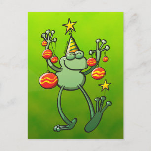 Green Frog Celebrating with Christmas Baubles Holiday Postcard