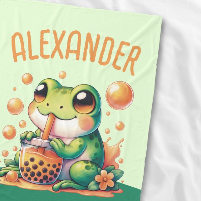 Green Frog Drinking Orange Boba Bubble Tea Fleece Blanket (Creator Uploaded)