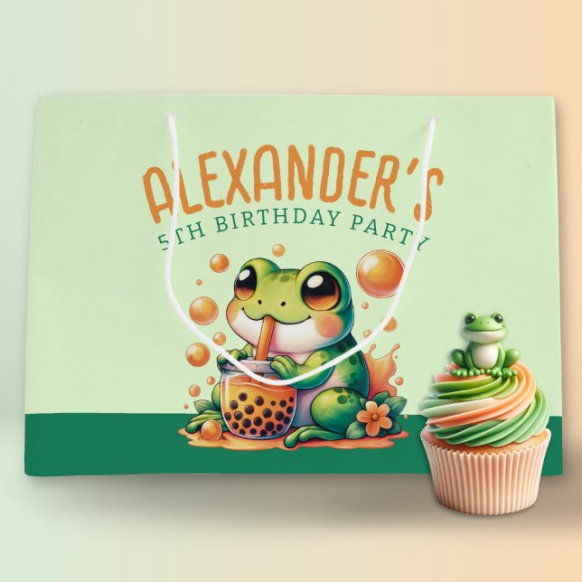 Green Frog Drinking Orange Boba  Large Gift Bag (Creator Uploaded)