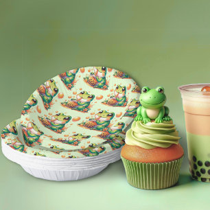 Green Frog Drinking Orange Boba Pattern Paper Plate