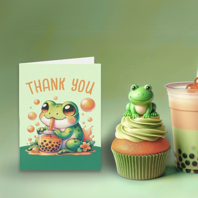 Green Frog Drinking Orange Boba  Thank You Card (Creator Uploaded)