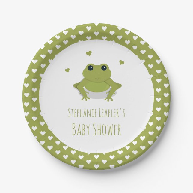 Green Frog Hearts Name Baby Shower Paper Plate (Front)