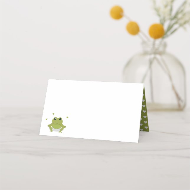 Green Frog Hearts Name Baby Shower Place Card (Front)