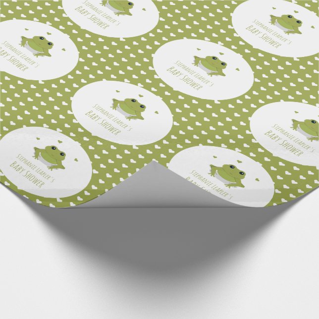 Green Frog Hearts Name Baby Shower Wrapping Paper (Corner)