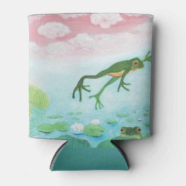 Green Frog Jumps Into The Pond Illustration  Can Cooler (Front)