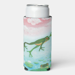 Green Frog Jumps Into The Pond Illustration  Seltzer Can Cooler