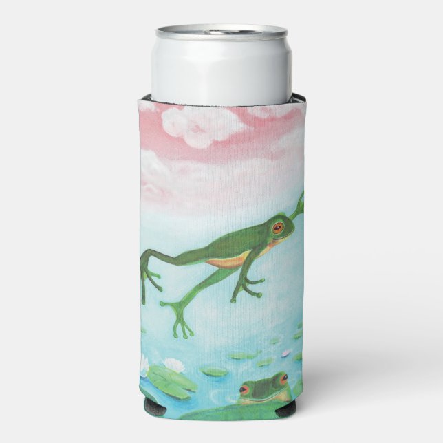 Green Frog Jumps Into The Pond Illustration  Seltzer Can Cooler (Seltzer Front)