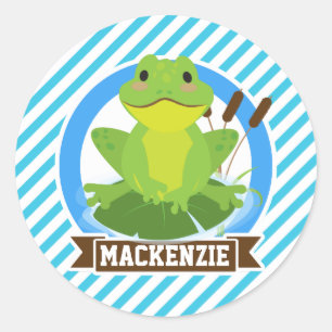 Green Frog on Lilypad; Blue & White Stripes Classic Round Sticker