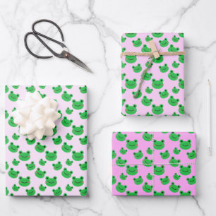 Green Frog Pattern Pink  Wrapping Paper Sheet