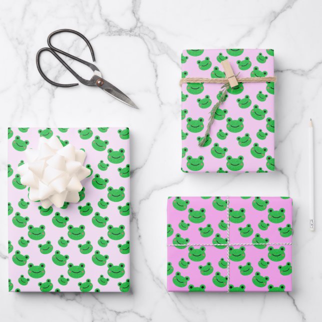 Green Frog Pattern Pink  Wrapping Paper Sheet (Front)