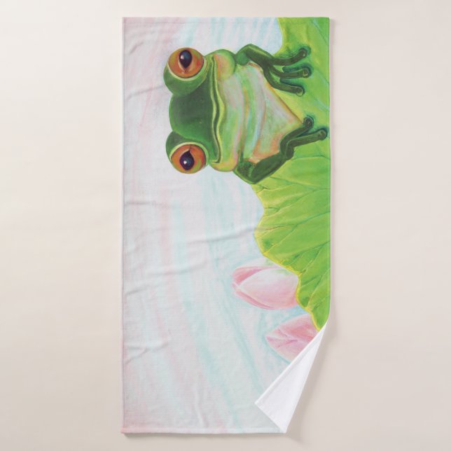 Green Frog Relaxing in the pond  Bath Towel (Bath Towel)